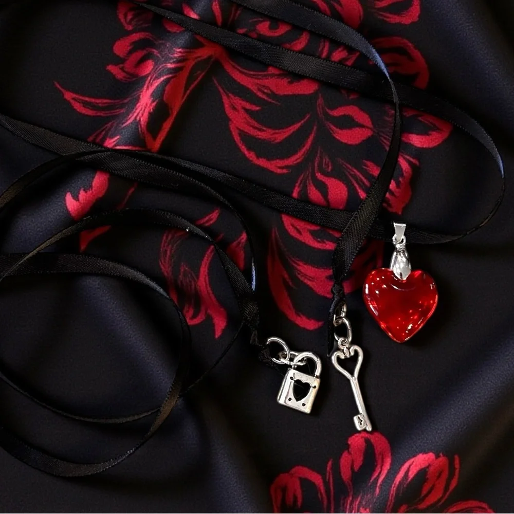 Glass Red Heart Pendant Necklace with Key and Lock Charm on Double Sided Satin
